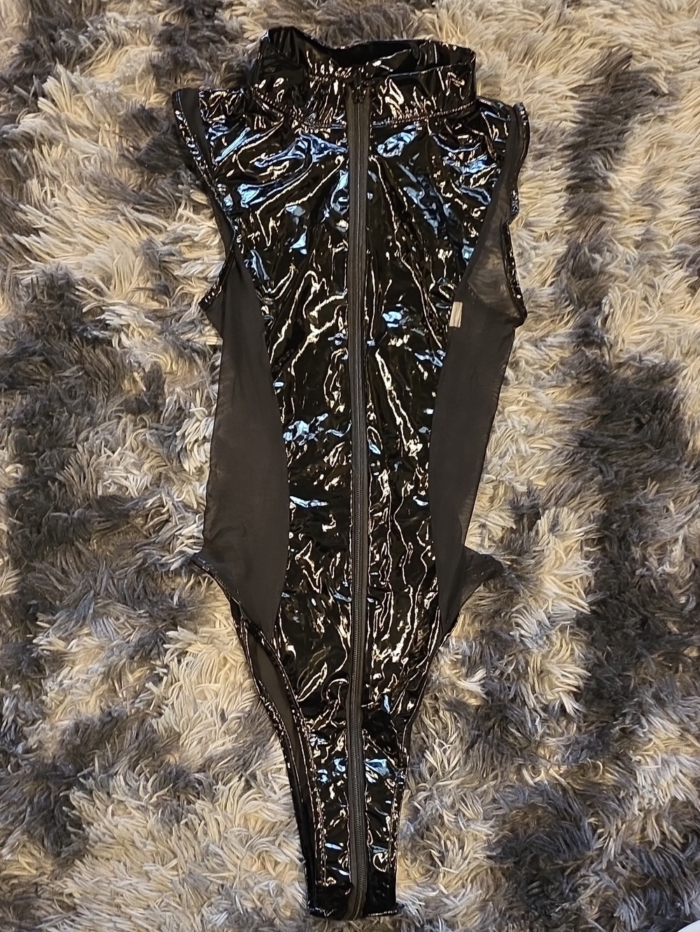 Black Shiny Zip-Front Bodysuit With Mesh Side